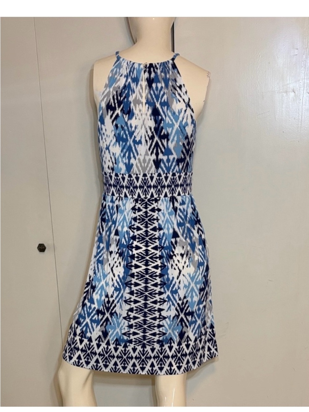 London Times Blue and White Halter Midi Dress
